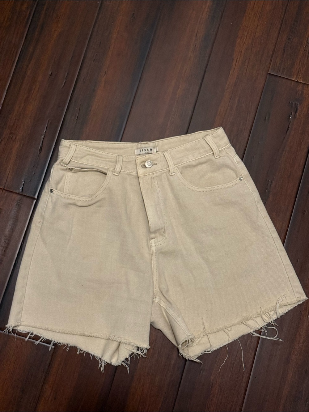 DISSH Cream High-Rise Frayed Hem Denim Shorts
